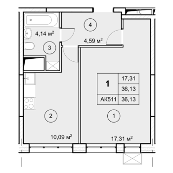 1-комн. квартира -  Секция 3, кв.294