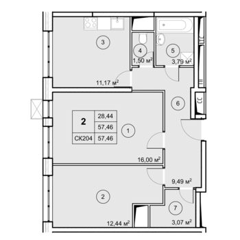 2-комн. квартира -  Секция 1, кв.100