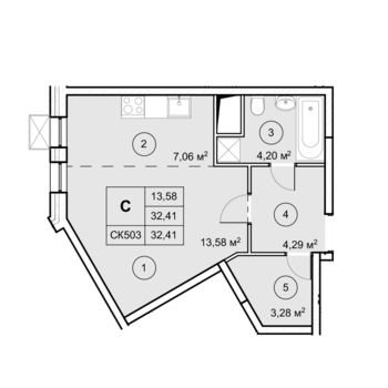 1-комн. квартира -  Секция 1, кв.44