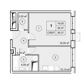 1-комн. квартира -  Секция 1, кв.48