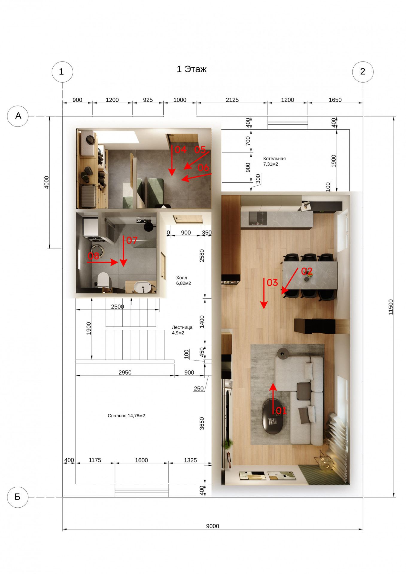 План первого этажа двухуровневой квартиры в ЖК «Экоград Новый Катуар»