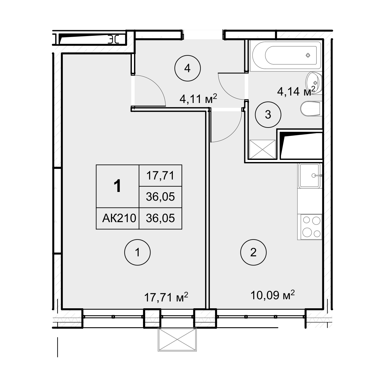 1-комн. квартира -  Секция 3, кв.245