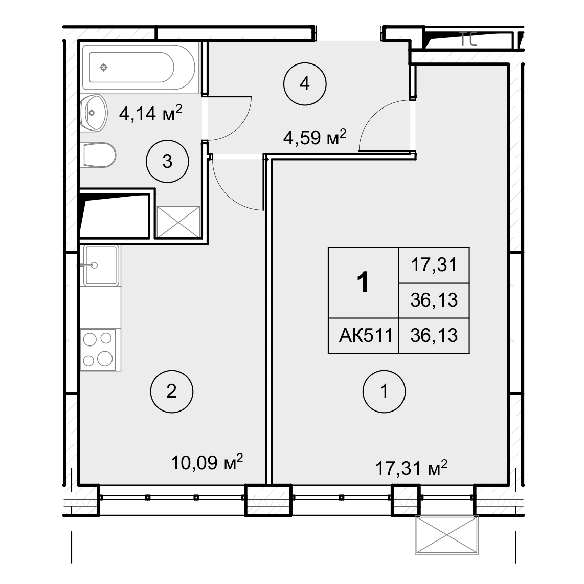 1-комн. квартира -  Секция 3, кв.294