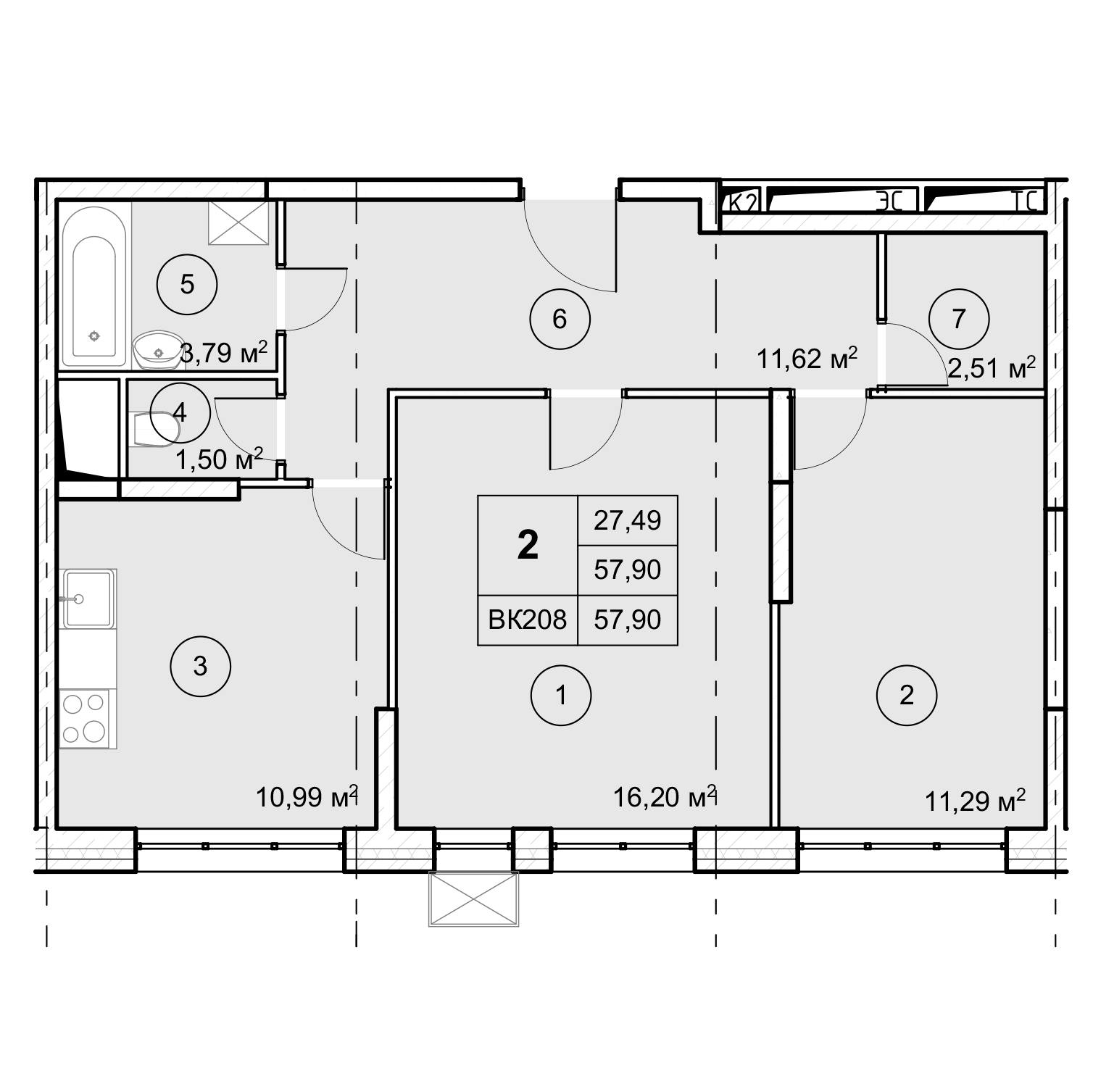2-комн. квартира -  Секция 2, кв.155