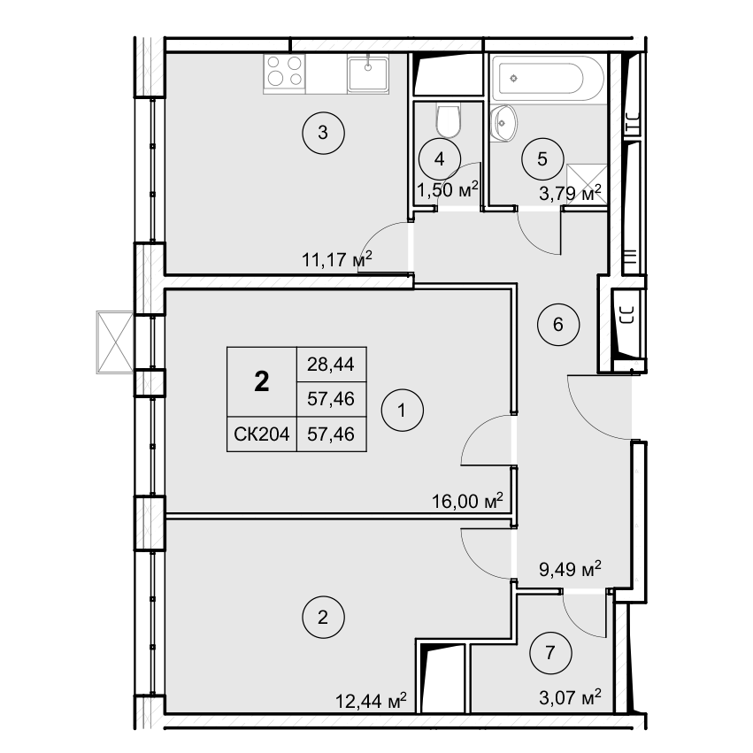 2-комн. квартира -  Секция 1, кв.100