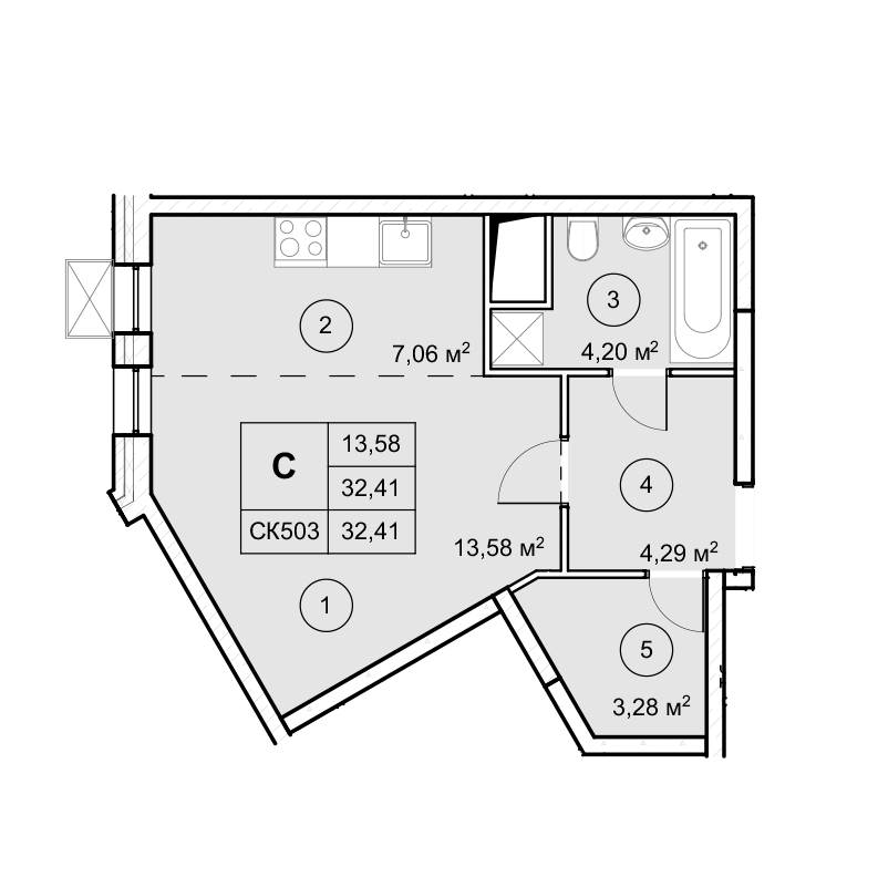 1-комн. квартира -  Секция 1, кв.44