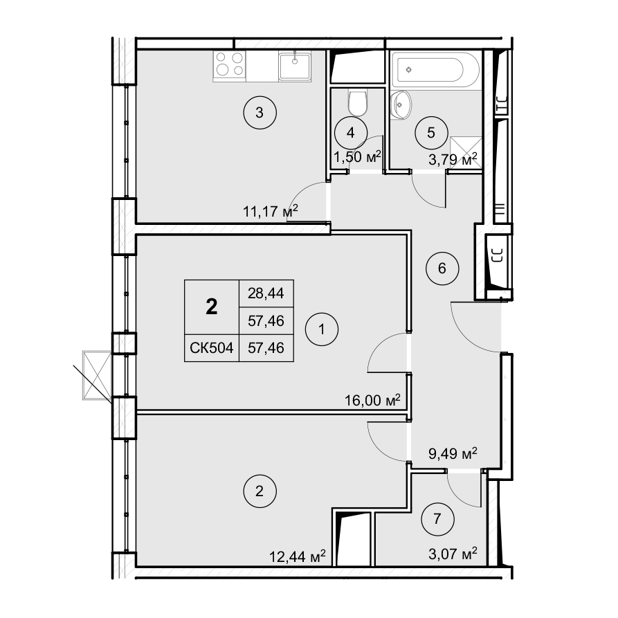 2-комн. квартира -  Секция 1, кв.56